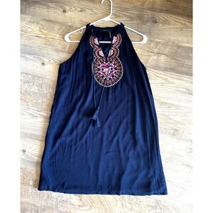 Anthropologie THML Navy Sleeveless Embroidered Roonie Mini Dress Sz Large Petite